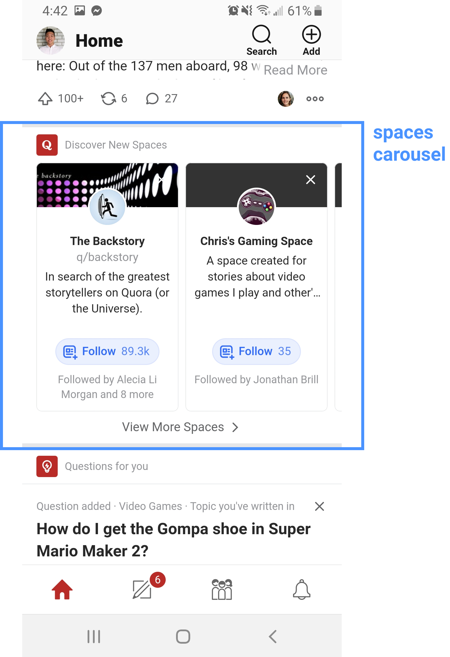 Screenshot of Quora spaces carousel